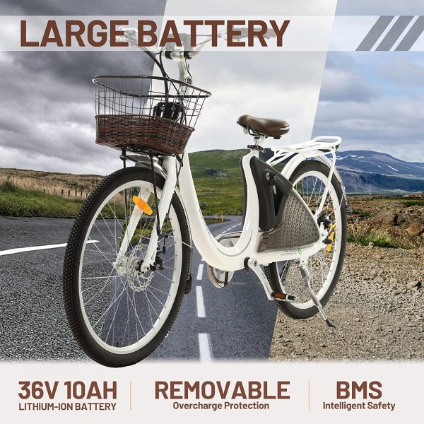 Ecotric Lark E-Bike 36V 10AH 500W 20 MPH City Bike For Women with Basket and Rear Rack White NS-LAK26LCD-W New - Image 2